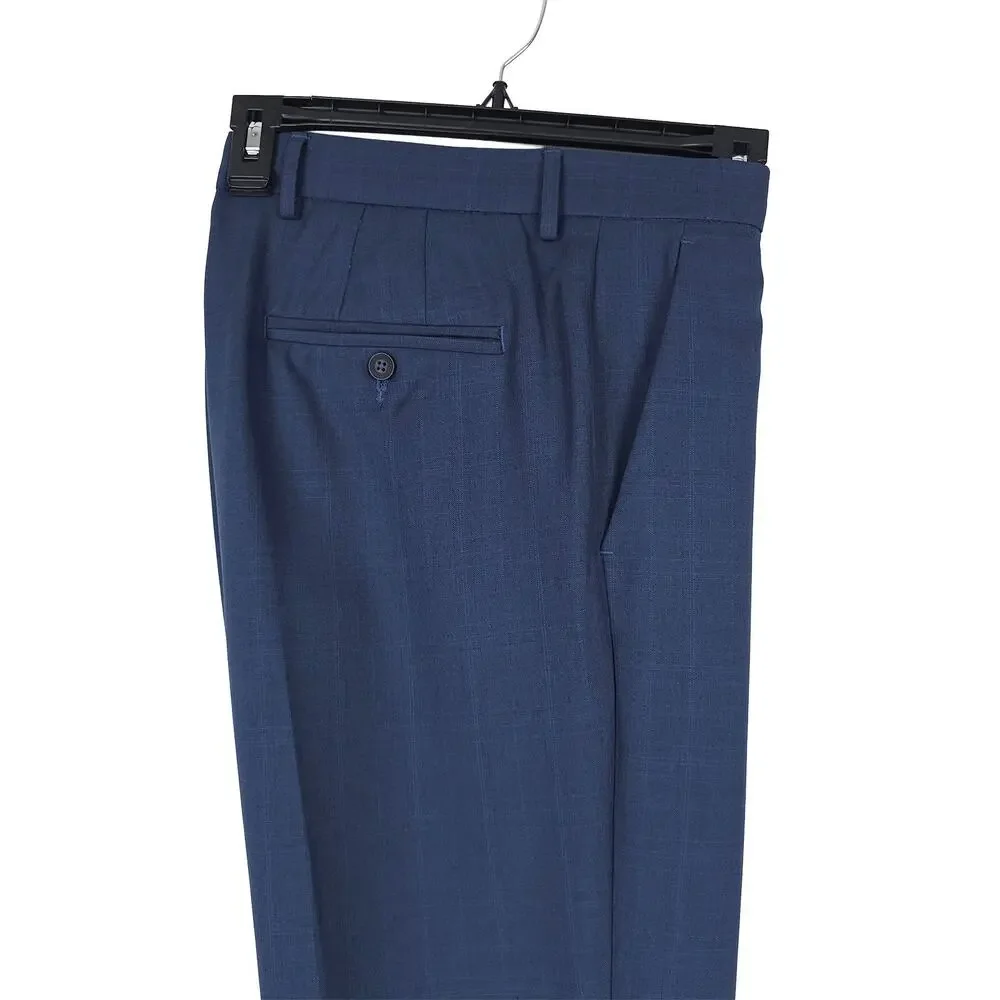 Perry Ellis Portfolio Mens Modern Fit Dress Pant 36x32 Indigo Blue Plaid Stretch